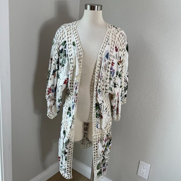 Anthropologie Womens One Size Clea Crochet Floral Embroidered Kimono Jacket - Picture 2 of 14